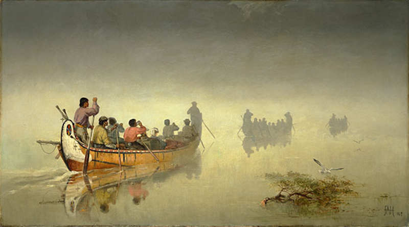 “Canoes in a Fog, Lake Superior” by Canadian artist Frances Anne Hopkins